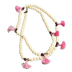 Melvin Wood Bead Tassel Necklace Cream Pink 46 in Layered Long Boho